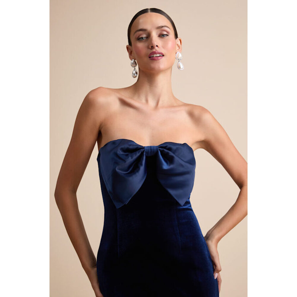 Lulus Dramatic Stunner Navy Velvet Bow Strapless Maxi Dress Blue - Size XS